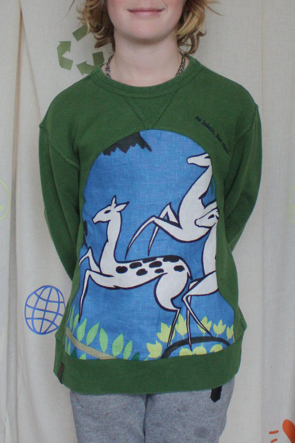 green sweater worn by 9 year old, features blue and green antelope print, repurposed in canada