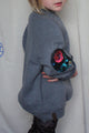 kids grey sweater with floral elbow patches worn by 5 year old, repurposed in canada