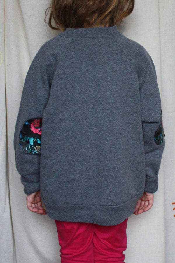 kids grey sweater with floral elbow patches worn by 5 year old, repurposed in canada