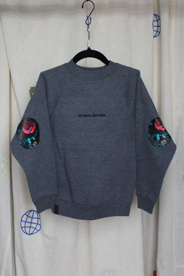 kids grey sweater with floral elbow patches worn by 5 year old, repurposed in canada