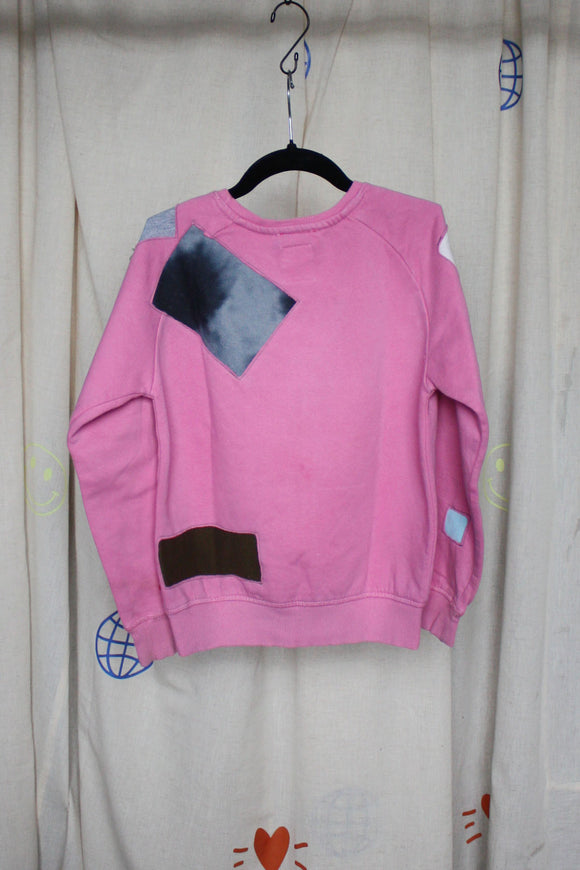 kids pink upcycled crewneck worn by 6 years, with pops of colour, repurposed in canada