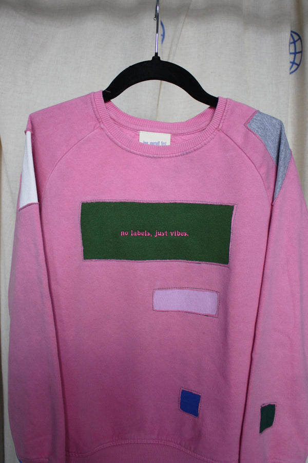 kids pink upcycled crewneck worn by 6 years, with pops of colour, repurposed in canada