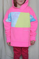 neon pink hoodie worn by 6 year old, upcycled with tie dye and yellow, repurposed in canada