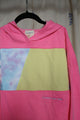 neon pink hoodie worn by 6 year old, upcycled with tie dye and yellow, repurposed in canada