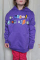 purple upcycled hoodie, with random letters spelling no labels just vibes repurposed in canada