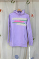 lavender upcycled hoodie with yellow, green and pink lace motif on front, repurposed in canada