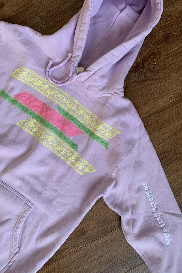 lavender upcycled hoodie with yellow, green and pink lace motif on front, repurposed in canada