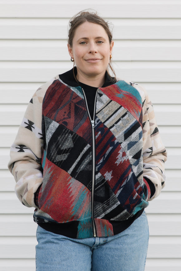 upcycled bomber jacket useing 'mini tipi' scrap fabric to created a stunning, vibrant and one-of-a-kind design, repurposed in canada