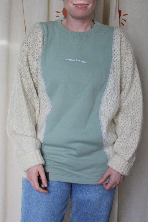 green and cream knit crewneck sweater, upcycled in canada 