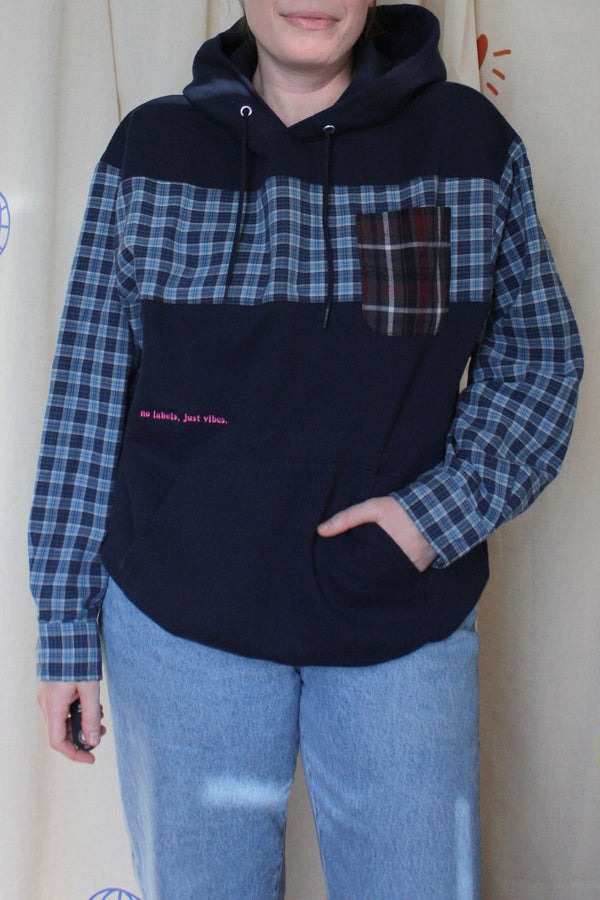 navy upcycled hoodie with blue plaid, repurposed in canada