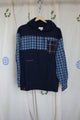 navy upcycled hoodie with blue plaid, repurposed in canada