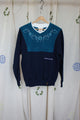 teal and navy upcycled sweater with kangaroo pocket, repurposed in canada