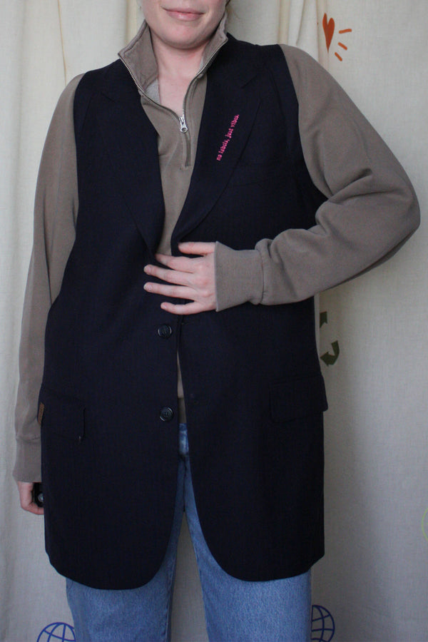 navy upcycled blazer vest, perfect for layering, repurposed in canada