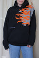 upcycled black fire hoodie with orange and grey, repurposed in canada