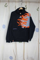 upcycled black fire hoodie with orange and grey, repurposed in canada