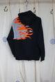 upcycled black fire hoodie with orange and grey, repurposed in canada