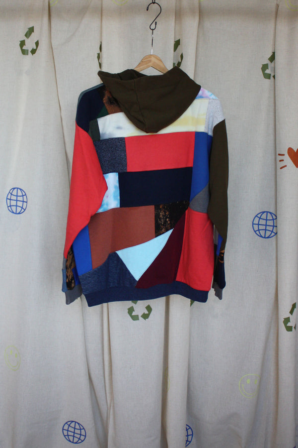 upcycled colourful patchwork hoodie, repurposed in canada