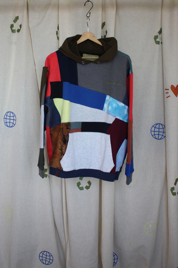 upcycled colourful patchwork hoodie, repurposed in canada