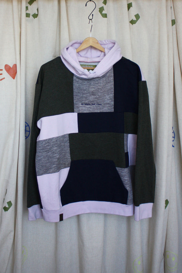 navy, green and pink patchwork sweater, repurposed secondhand clothing, circular fashion, one of a kind designs