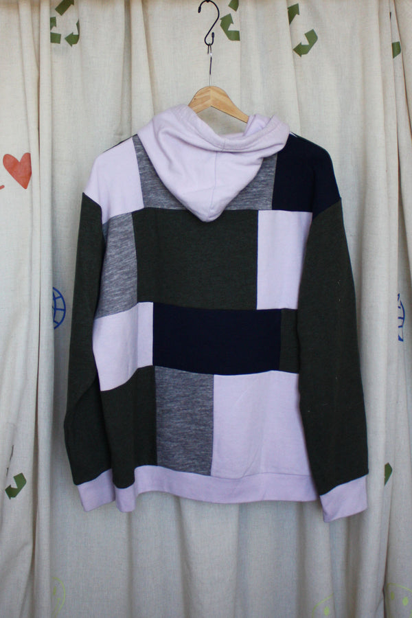 navy, green and pink patchwork sweater, repurposed secondhand clothing, circular fashion, one of a kind designs