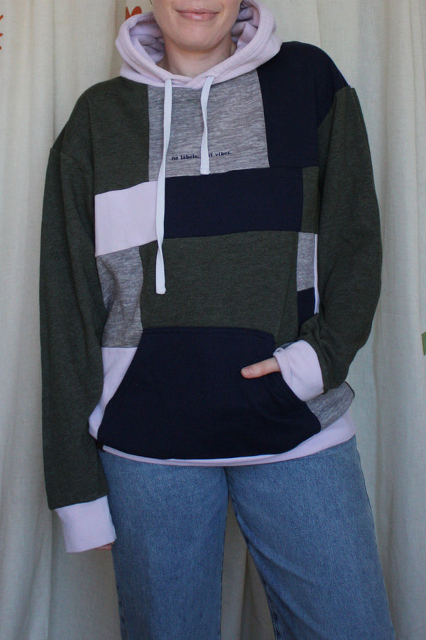 navy, green and pink patchwork sweater, repurposed secondhand clothing, circular fashion, one of a kind designs