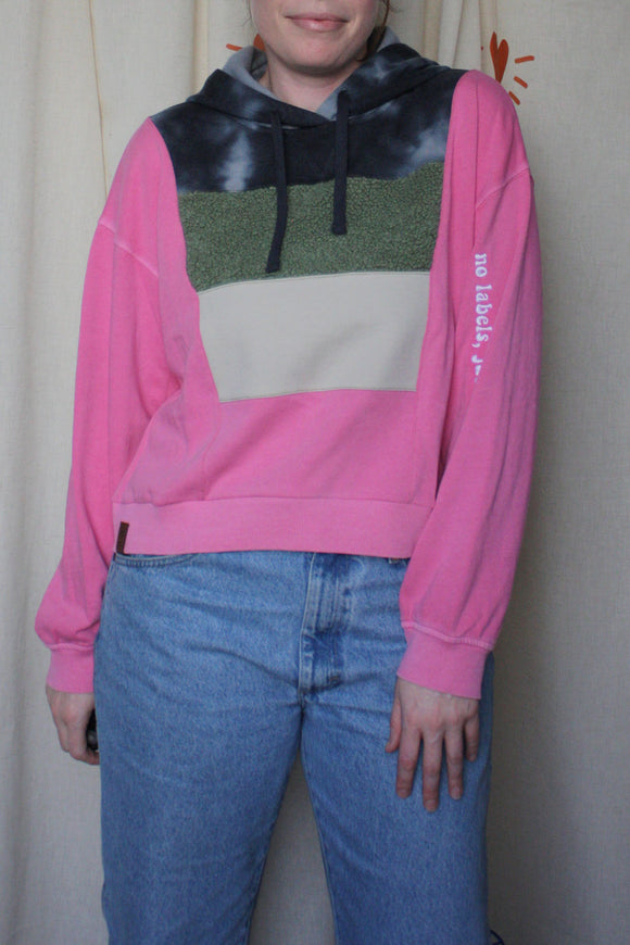 upcycled pink, green, cream and black hoodie, repurposed in canada