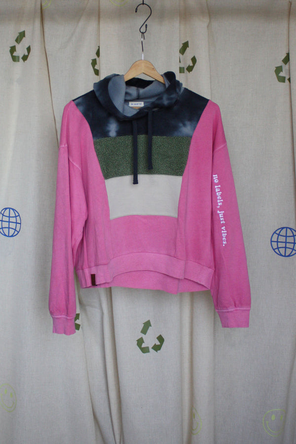 upcycled pink, green, cream and black hoodie, repurposed in canada