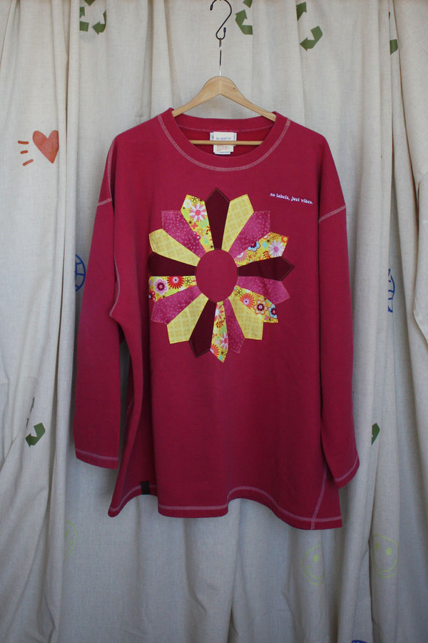 pink sweater with colourful quilted pinwheel, repurposed clothing, secondhand, upcycled