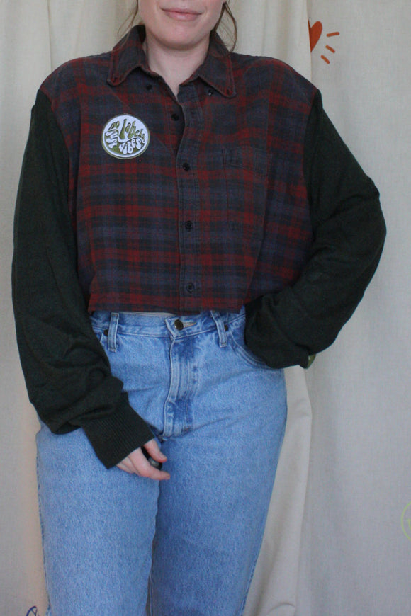 red plaid shirt upcycled with green sleeves, repurposed in canada