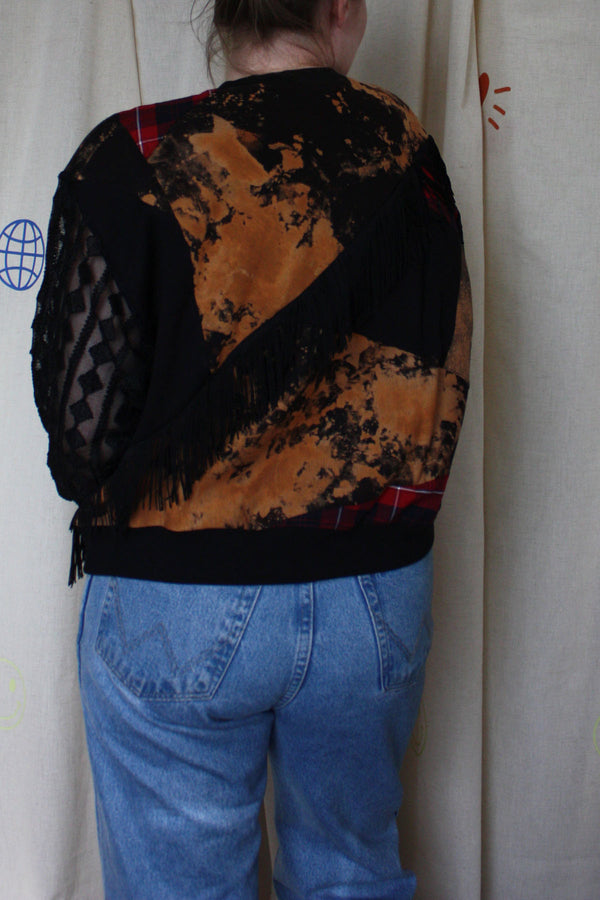 plaid, lace, bleached out and fringe sweater, one-of-a-kind punk rock sweater, upcycled in canada