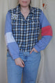 blue upcycled plaid shirt with periwinkle sleeves with stripes of white and pink, repurposed in canada