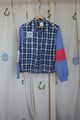 blue upcycled plaid shirt with periwinkle sleeves with stripes of white and pink, repurposed in canada