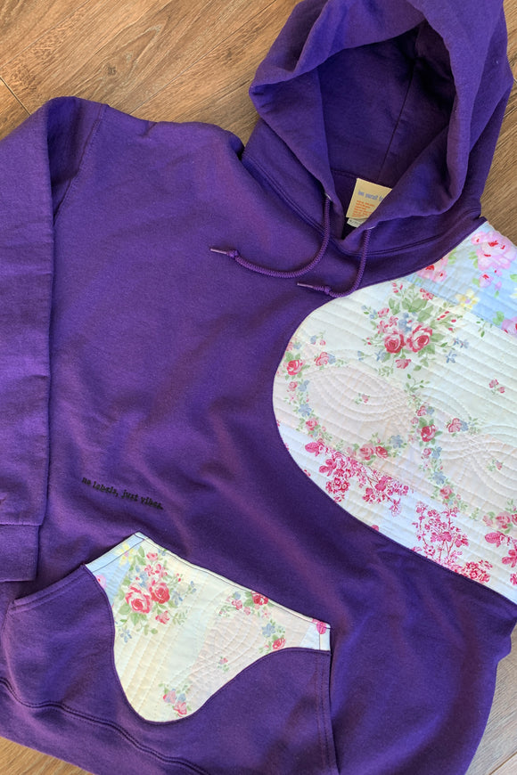 purple hoodie with floral quilt details throughout, repurposed in canada