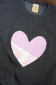 one of a kind quilted heart sewn on charcoal sweaters, unisex and oversized fit, hand cut and sewn in canada