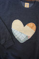 one of a kind quilted heart sewn on charcoal sweaters, unisex and oversized fit, hand cut and sewn in canada