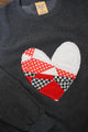 one of a kind quilted heart stitched on a charcoal sweater, unisex and oversized fit, hand cut and sewn in canada