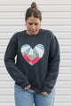 one of a kind quilted heart stitched on charcoal sweater, unisex and oversized fit, hand cut and sewn in canada