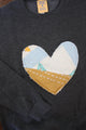 one of a kind quilted heart stitched on charcoal sweater, unisex and oversized fit, hand cut and sewn in canada