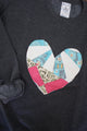 one of a kind quilted heart stitched on charcoal sweater, unisex and oversized fit, hand cut and sewn in canada