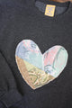 one of a kind quilted heart stitched on charcoal sweater, unisex and oversized fit, hand cut and sewn in canada