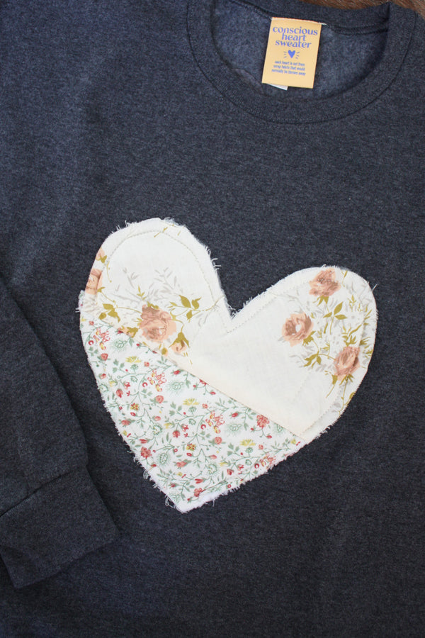 one of a kind quilted heart stitched on charcoal sweater, unisex and oversized fit, hand cut and sewn in canada