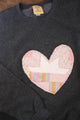 one of a kind quilted heart sewn on charcoal sweater, unisex and oversized fit, hand cut and sewn in canada