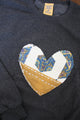 one of a kind quilted heart sewn on charcoal sweater, unisex and oversized fit, hand cut and sewn in canada