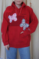 red upcycled hoodie with butterflies on the front, repurposed in canada