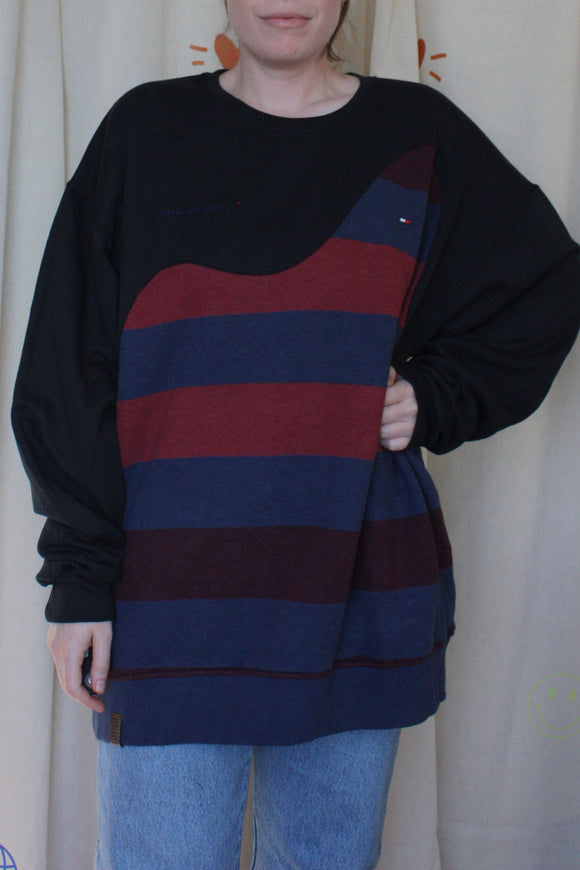 upcycled black red and navy striped sweater, repurposed in canada