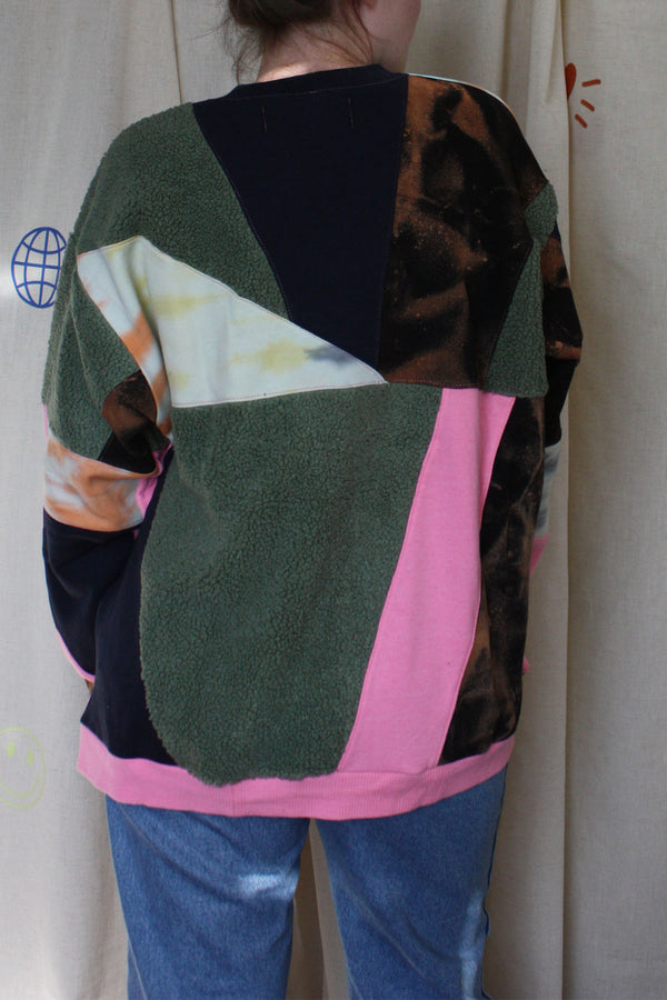 hot pink, bleached, tie-dyed and green fuzzy patchwork sweater, upcycled in canada, one-of-a-kind