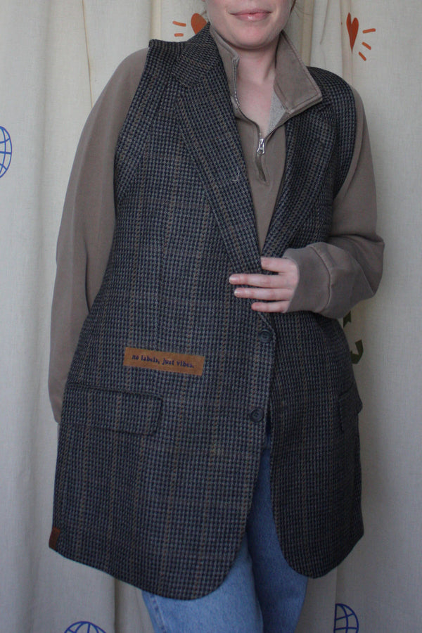 upcycled blazer vest with racerback, perfect for layering, repurposed in canada