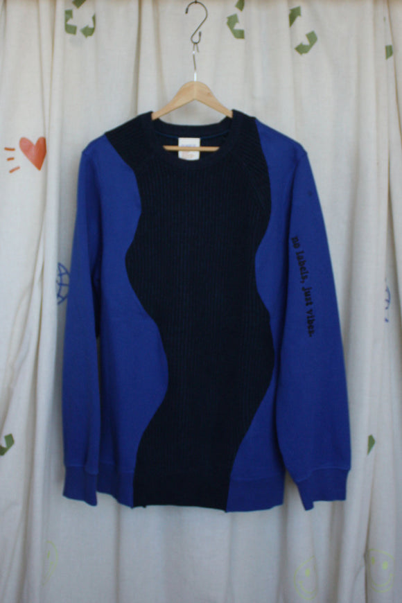 blue knit sweater sewn with blue sweater, repurposed secondhand clothing, circular fashion