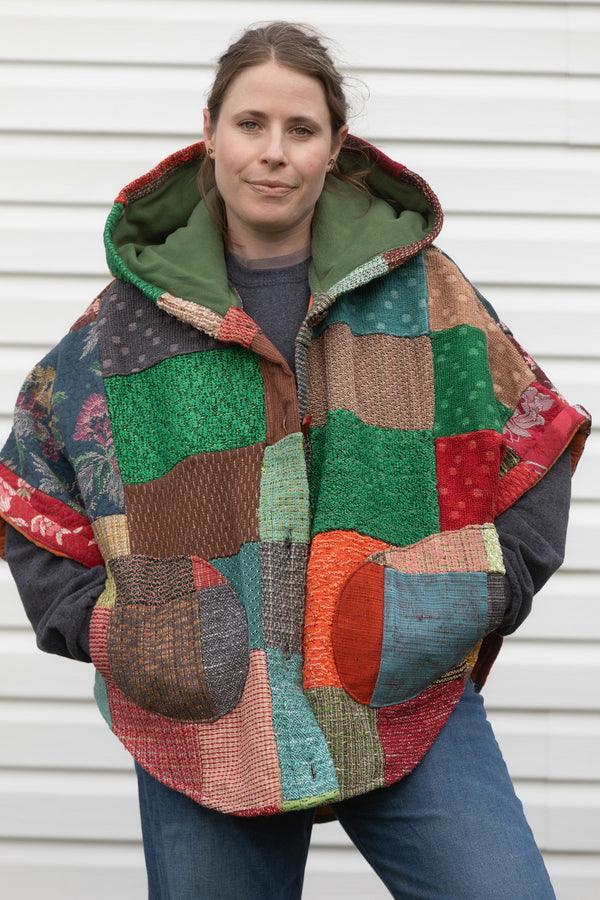 colourful poncho upcycled from handmade quilt, features big hood, pockets and oversized fit, upcycled and made in canada