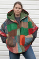 colourful poncho upcycled from handmade quilt, features big hood, pockets and oversized fit, upcycled and made in canada